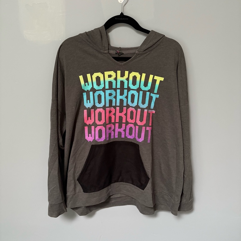 Material Girl Gray Hoodie with Multicolor 'Workout' Print
